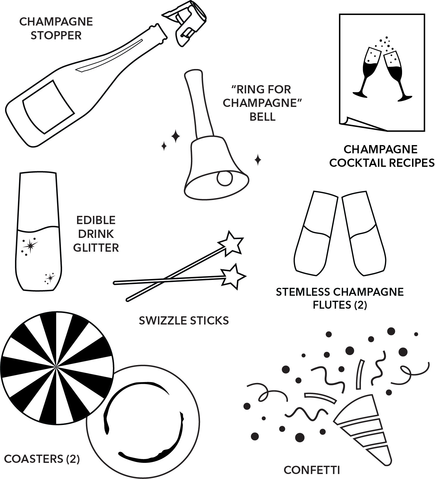 Illustrations of champagne-related items including a bottle, glasses, and accessories on a white background.