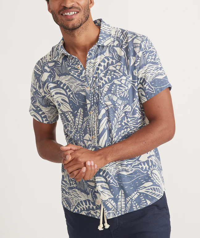 S/S Crinkle Double Cloth Shirt - Navy Tropical Print