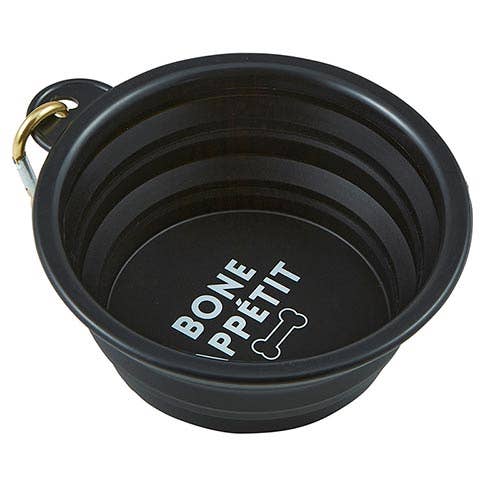 Black collapsible pet bowl with 'Bone Pétéit' text on a white background
