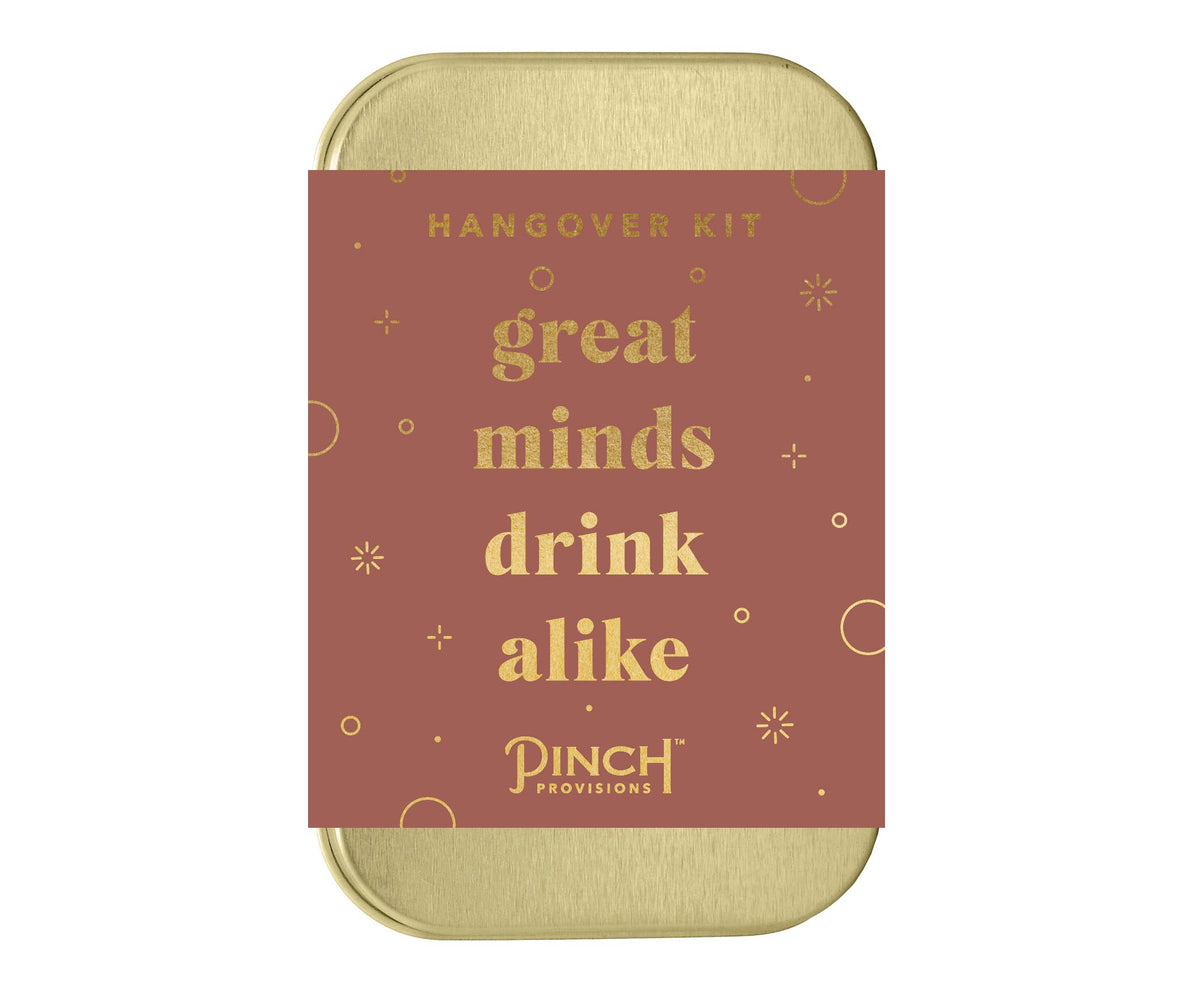 Hangover kit container with 'great minds drink alike' text on a white background