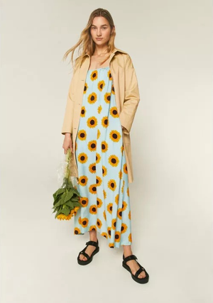 Sunflower Print Maxi Smock Dress - Sky Blue