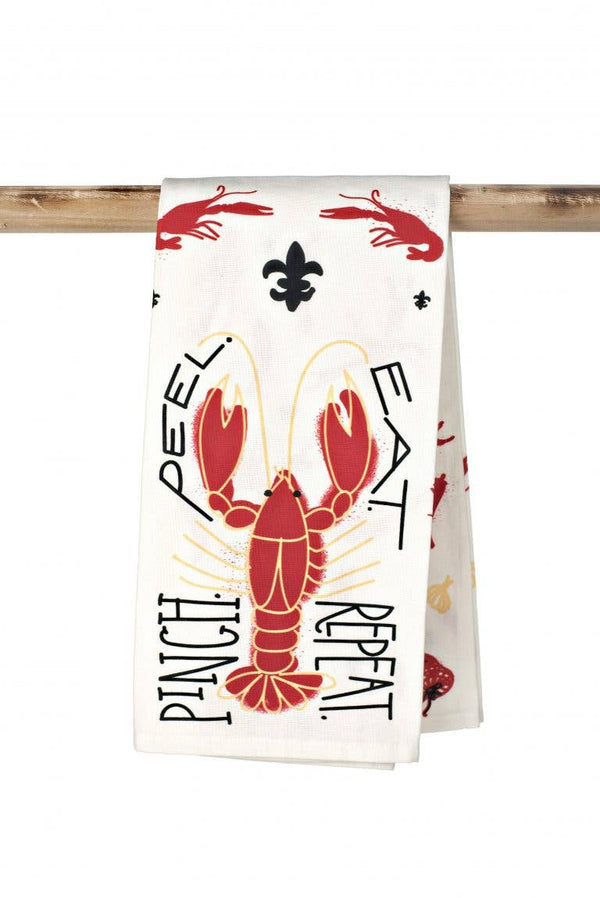 Tea towel with lobster design and text on a white background