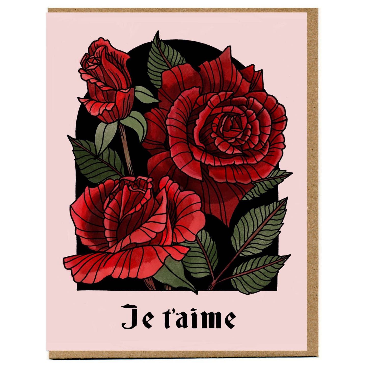 Greeting card with red roses and 'Je t'aime' text on a pink background