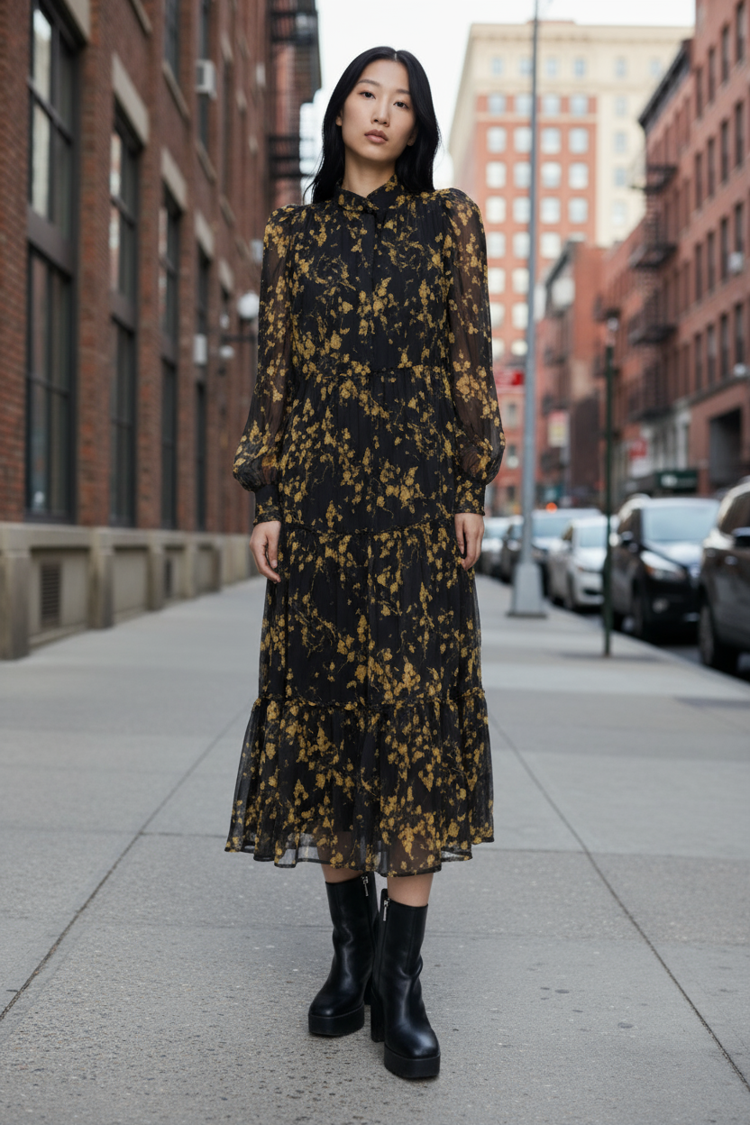 A model wearing a long sleeve maxi dress with a collar and yellow paint splatter print on a black background. The dress is tiered from the waist down and has buttons down to the waist.
