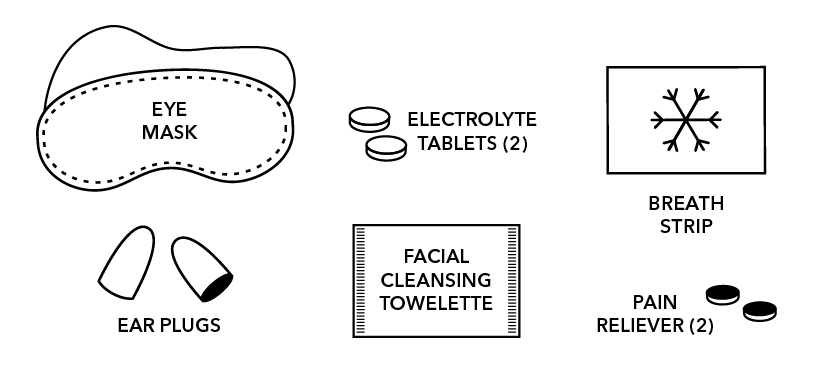 Illustrations of various items including an eye mask, electrolyte tablets, a facial cleansing towelette, ear plugs, and pain relievers on a white background.
