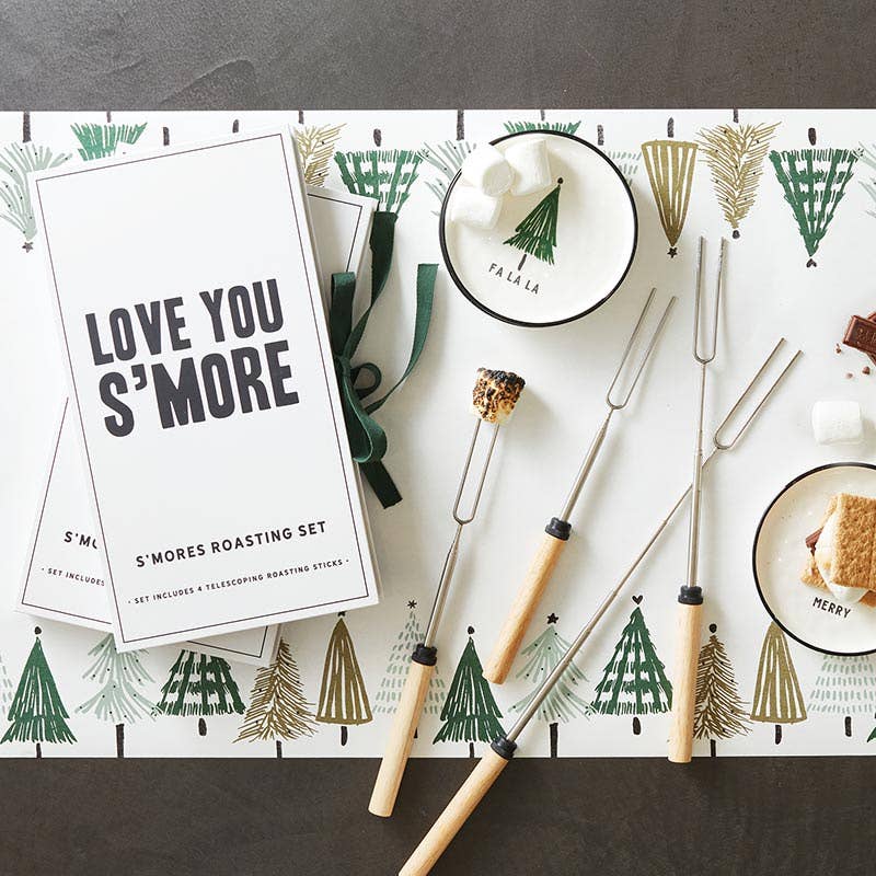 S'mores roasting set with tools and marshmallows on a festive background