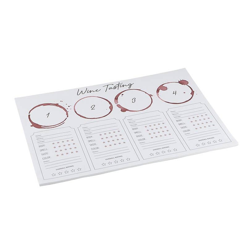 Wine tasting mat with evaluation forms on a white background