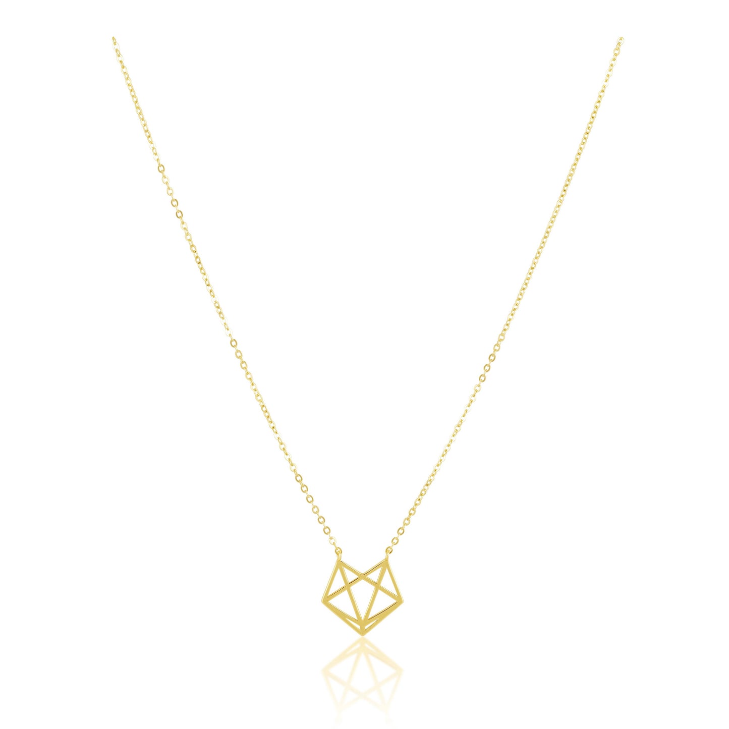 Gold geometric necklace on a white background
