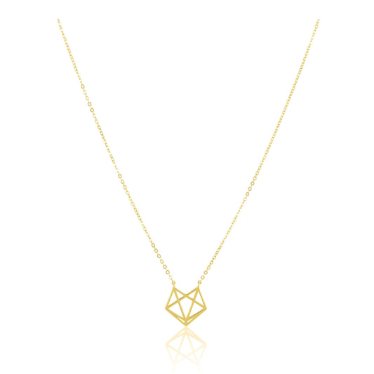 Gold geometric necklace on a white background