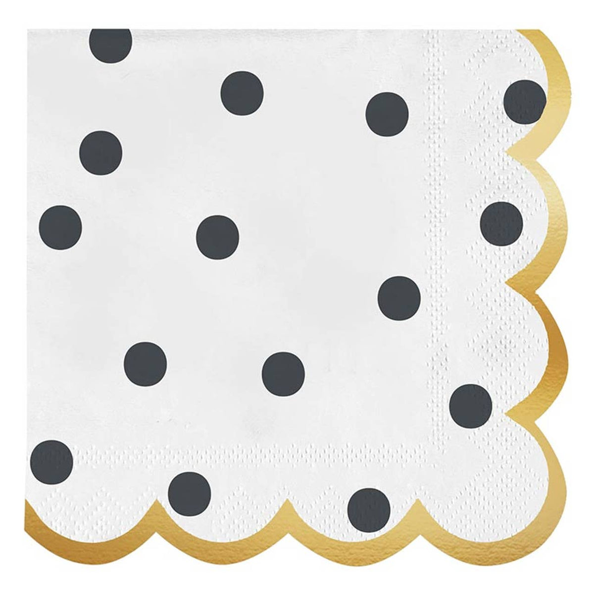 White paper napkins with a scalloped gold border and dark gray polka dots, shown flat against a white background.