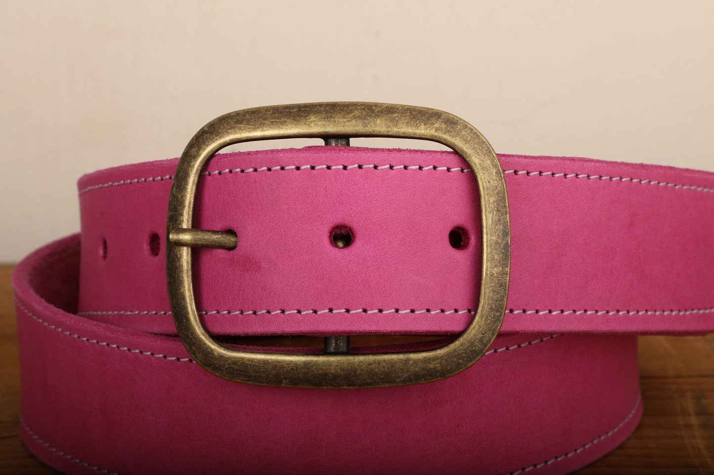 Pink Leather Belt with White Stitch & Antique Gold Tone Brass Buckle