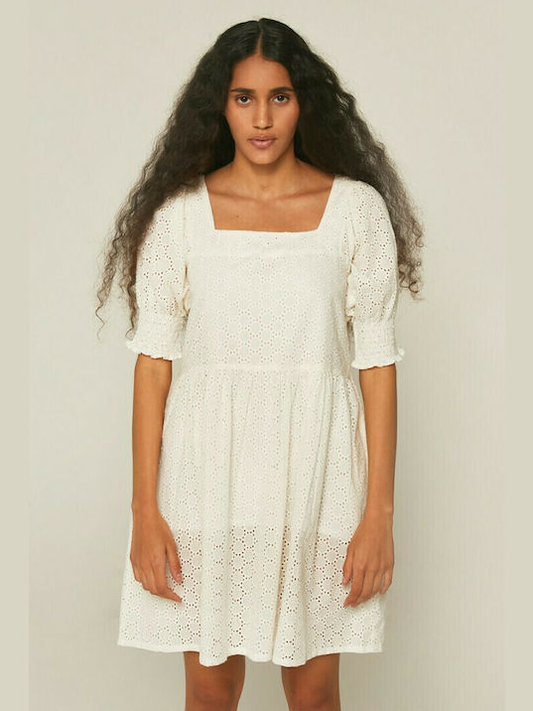 Puff Sleeve Eyelet Mini Dress - White