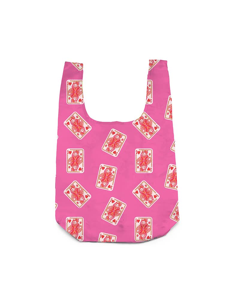 A pink reusable shopping bag with a repeating pattern of red and white playing card suits, shown against a plain white background.