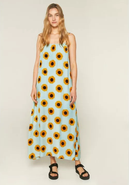 Sunflower Print Maxi Smock Dress - Sky Blue