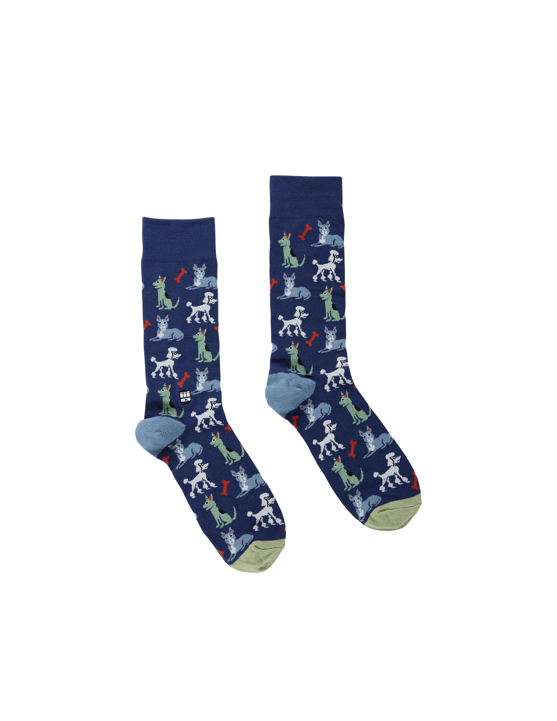 Pair of blue socks with dog pattern on a white background