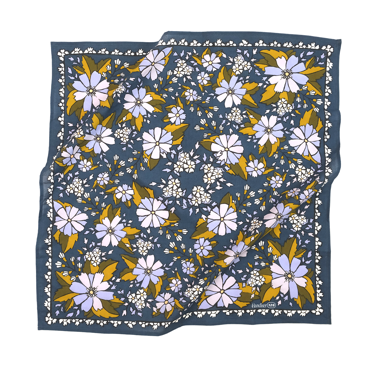 A square scarf with a navy blue background featuring a dense floral pattern of lavender, white, and mustard yellow flowers, with a white border.