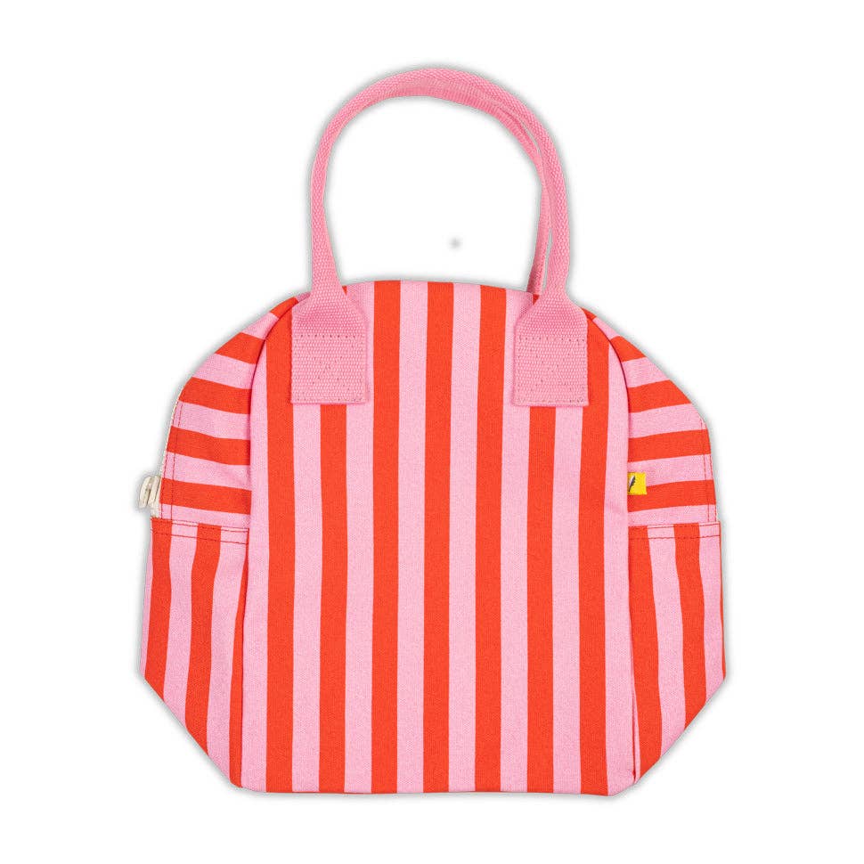 Pink and red striped bag with a handle on a white background