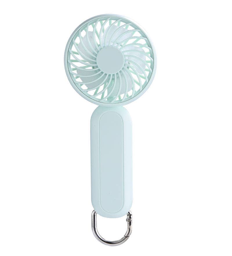 Portable hand-held fan with a keychain attachment on a white background