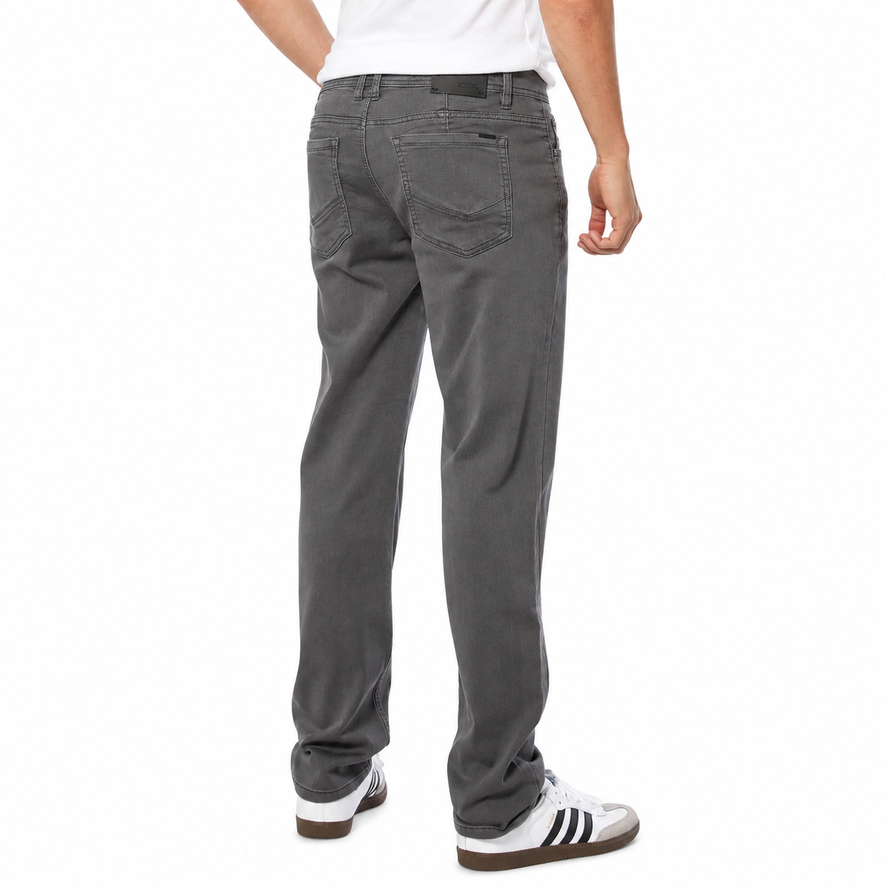 Person wearing gray pants on a white background