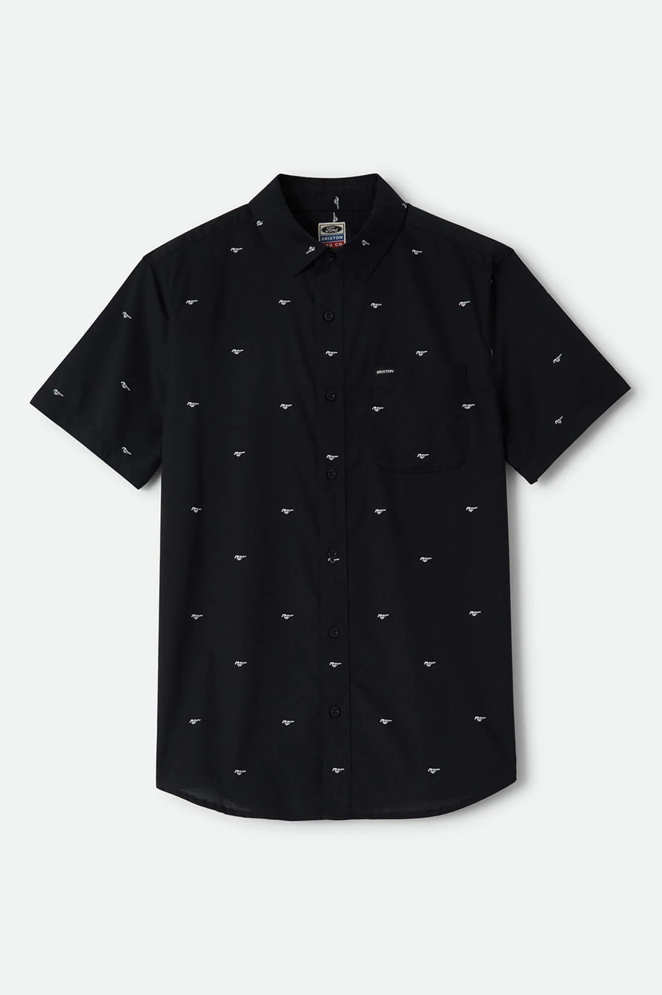 A black short-sleeve button-up shirt with a small white bird pattern repeated across the fabric, displayed flat against a light gray background.