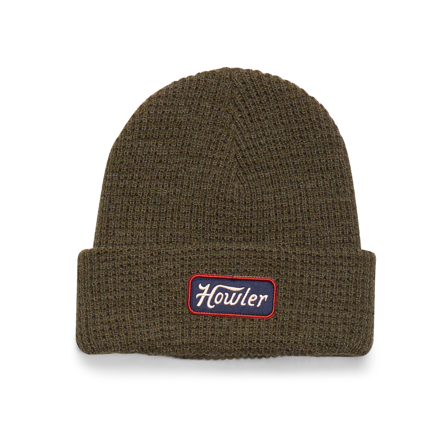 Brown knit beanie with a logo patch on a white background