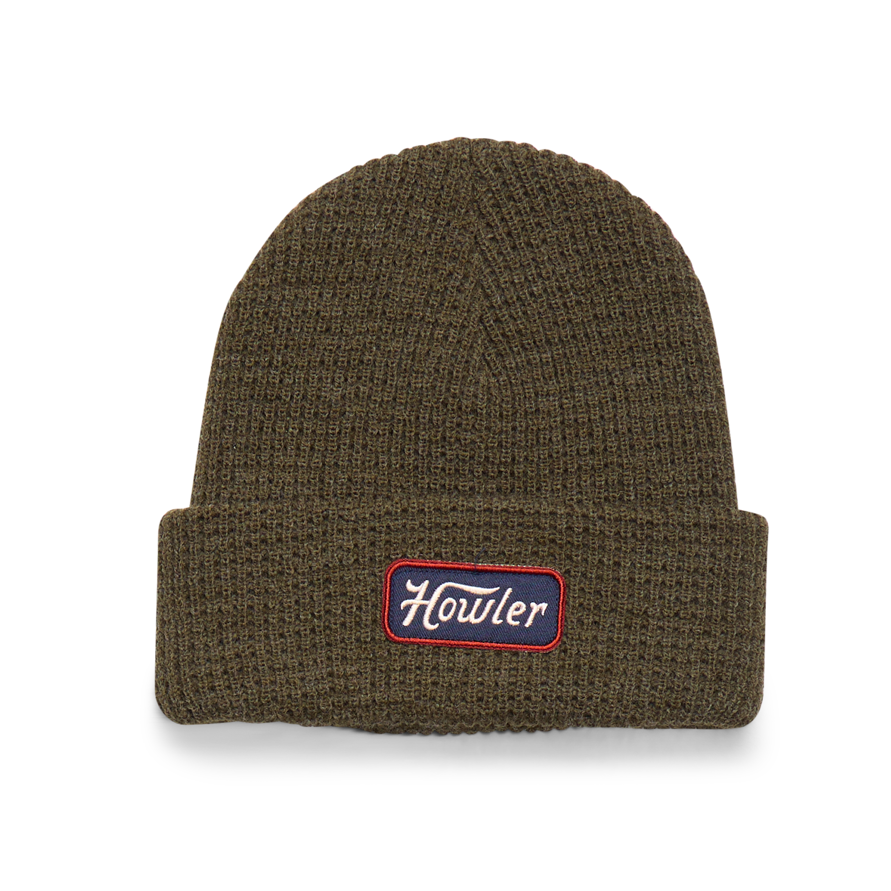 Brown knit beanie with a logo patch on a white background