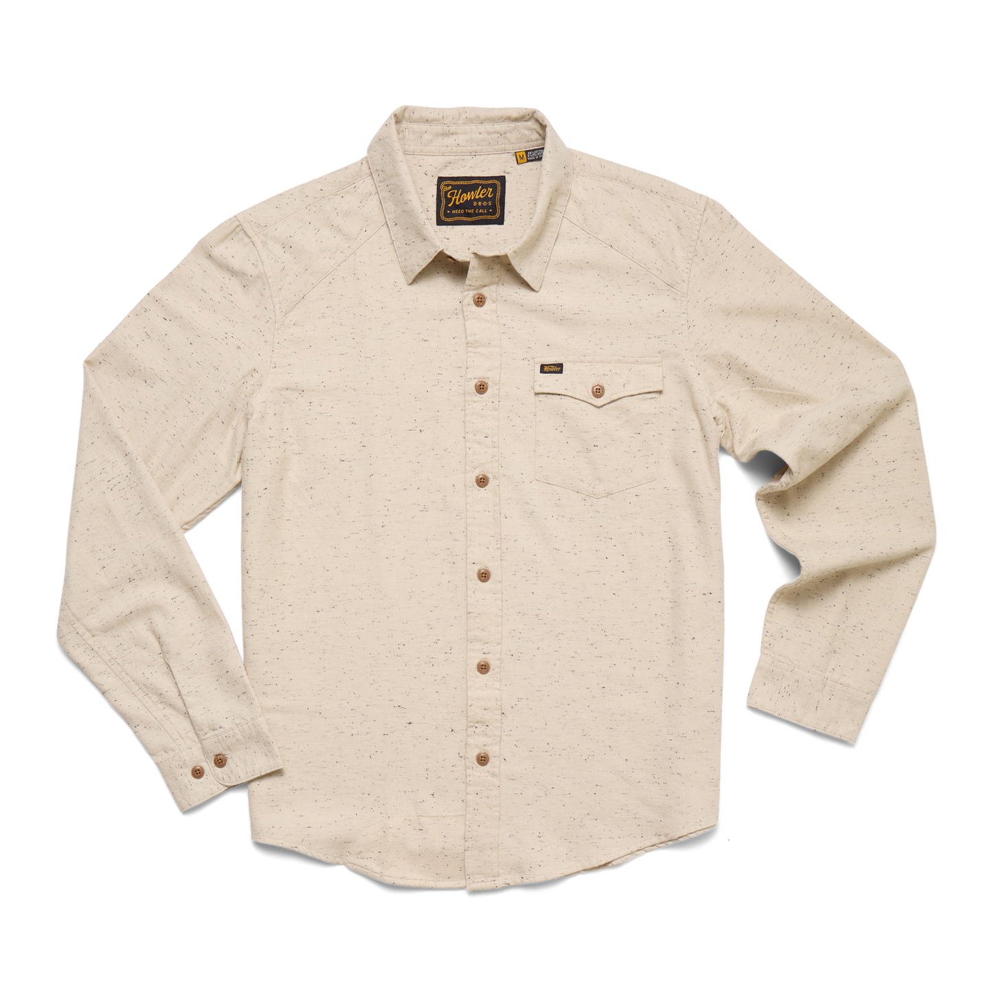 Beige button-up shirt with a collar on a white background