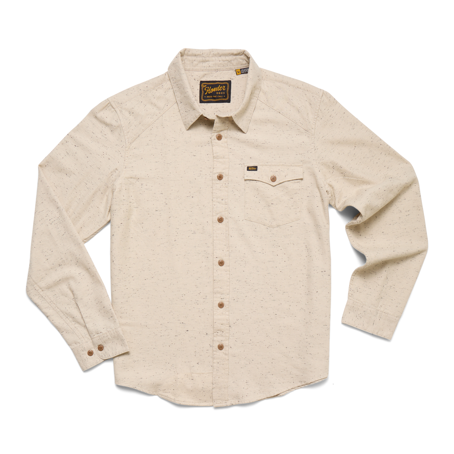 Beige button-up shirt with a collar on a white background