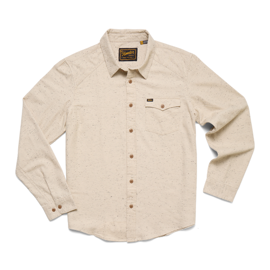 Beige button-up shirt with a collar on a white background