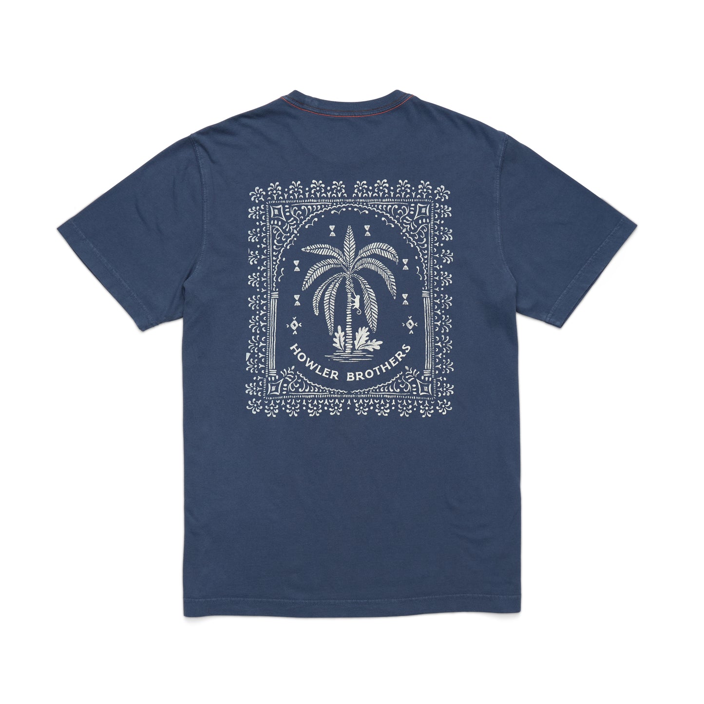 Navy blue t-shirt with white palm tree design and 'Howler Brothers' text on a white background