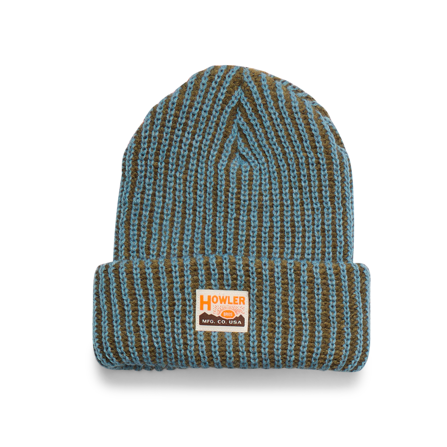 Knitted beanie with a brand label on a white background