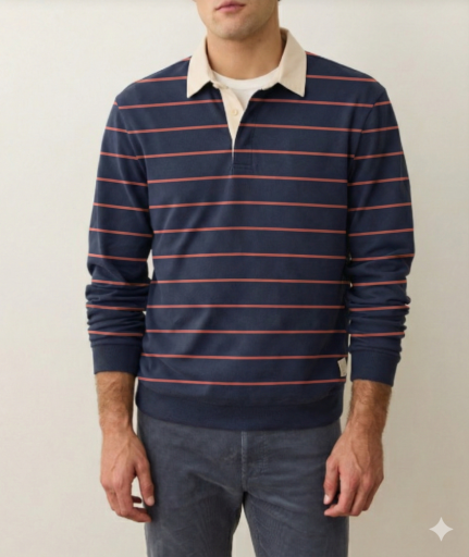 Sueded Rugby Polo - Navy/Red Stripe