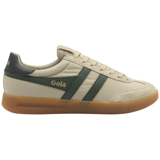 Beige sneaker with green stripes and brown sole on a white background