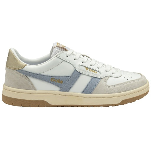 White and gray sneaker with 'Gola' branding on a white background