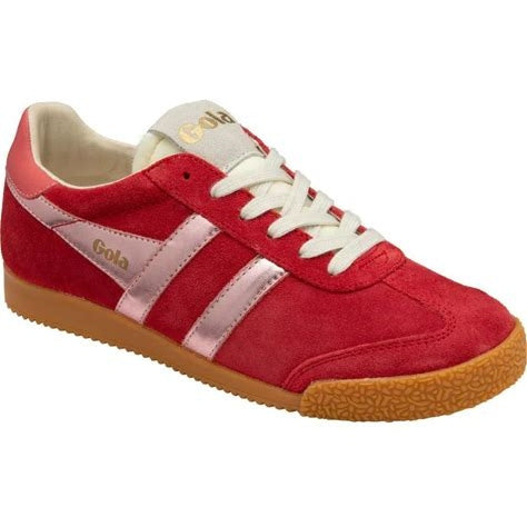 A red suede Gola low-top sneaker with metallic pink side stripes, white laces, and a brown gum sole, shown on a plain white background.