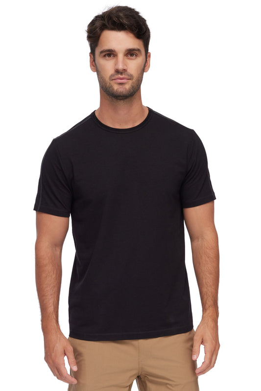 Man wearing a black t-shirt on a white background