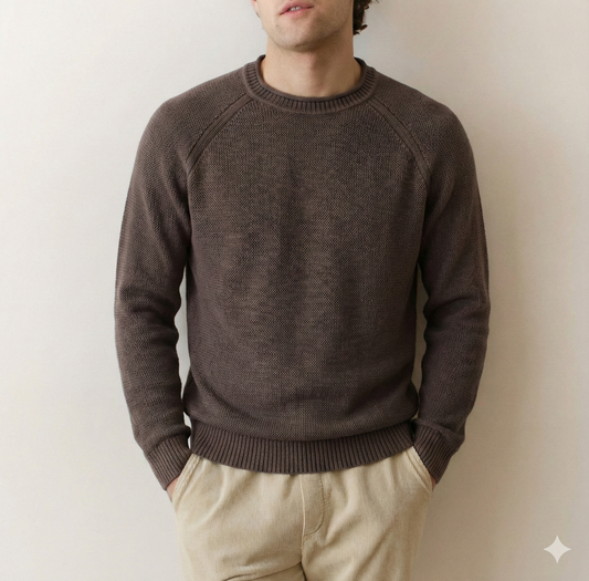 Man wearing a brown sweater against a plain background