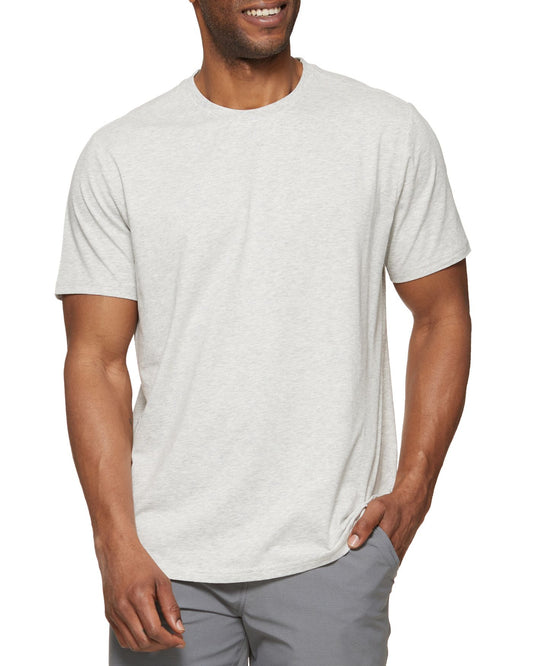 Man wearing a plain white t-shirt on a white background