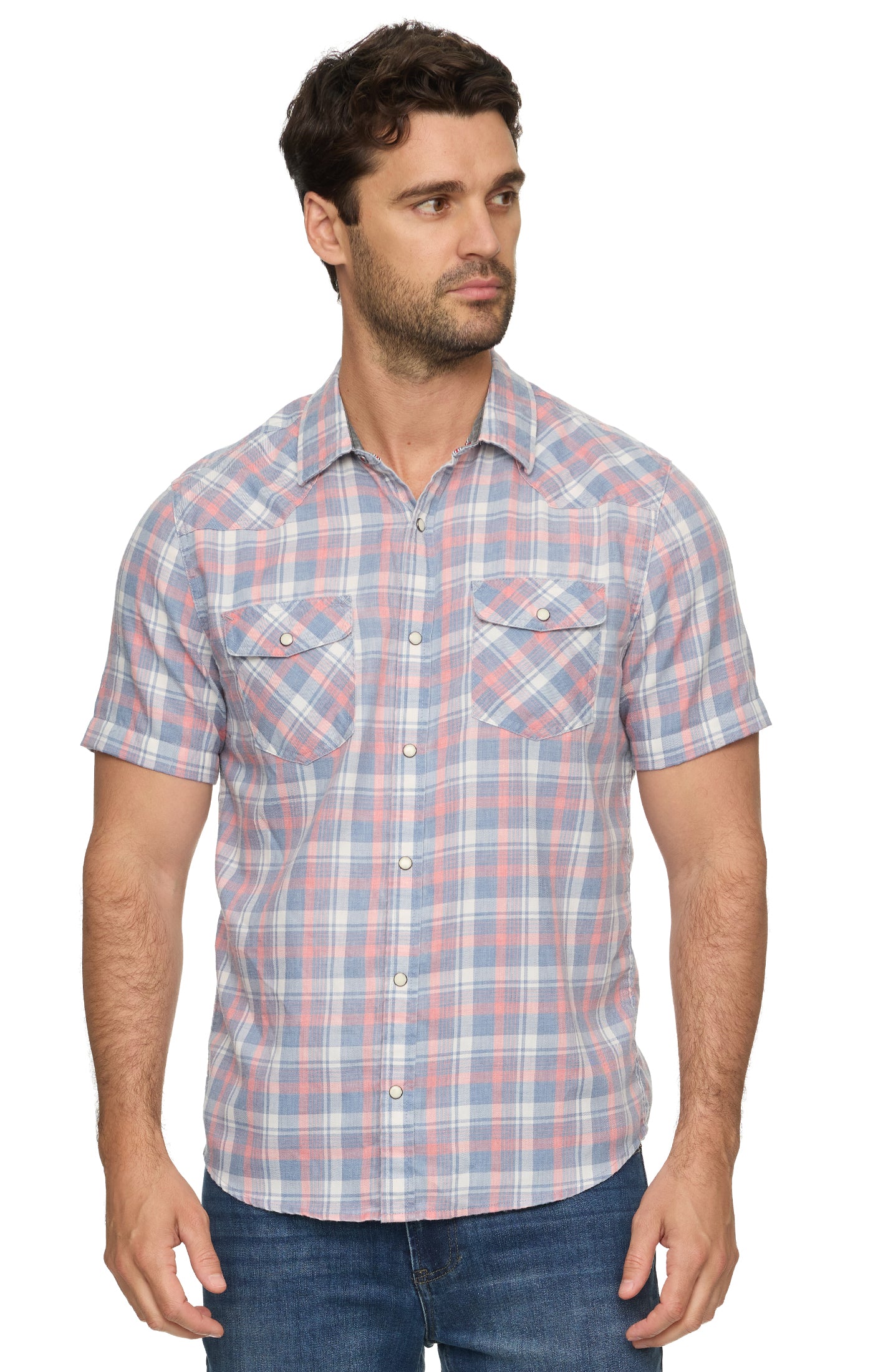 Man wearing a plaid short-sleeve shirt on a white background