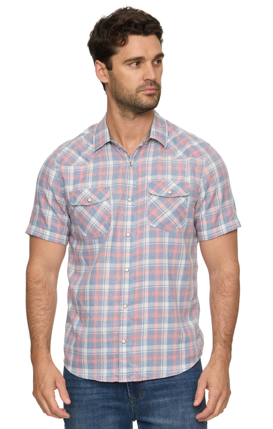 Man wearing a plaid short-sleeve shirt on a white background