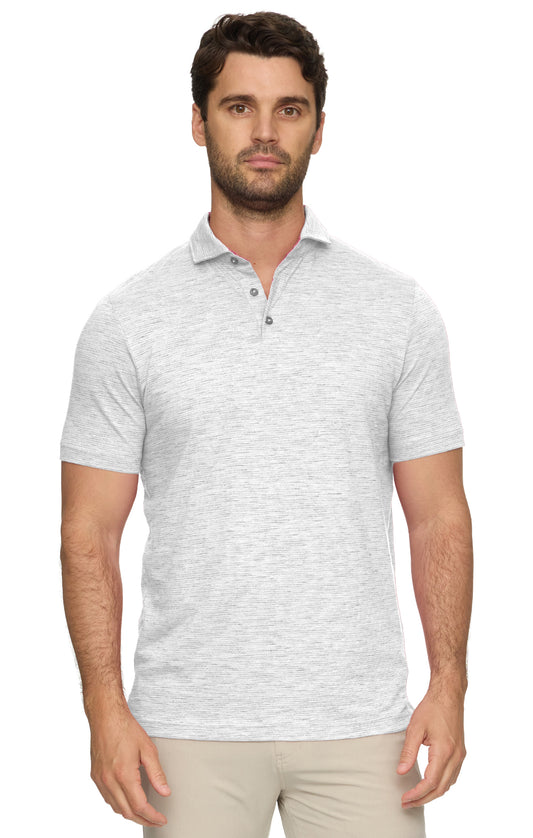 Man wearing a light gray polo shirt on a white background