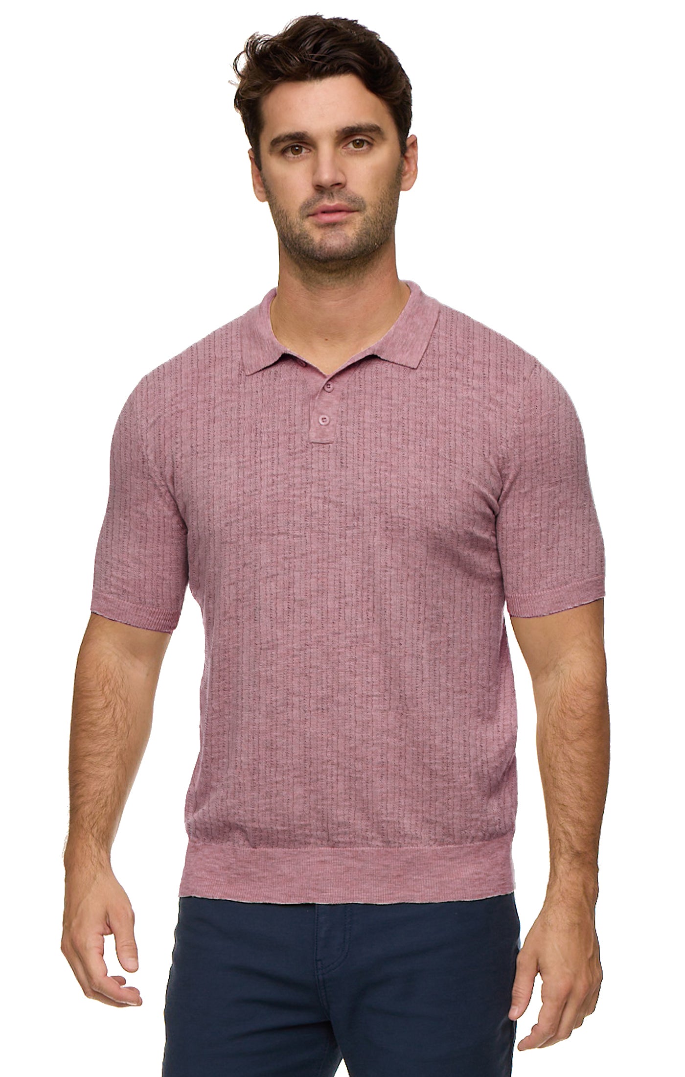 Man wearing a pink textured polo shirt on a white background