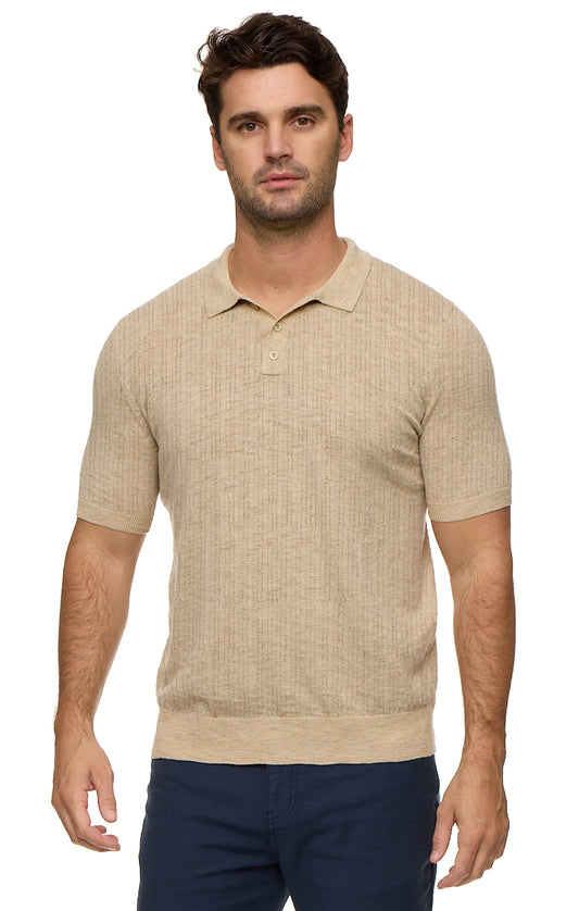 Man wearing a beige short-sleeve knit polo shirt on a white background