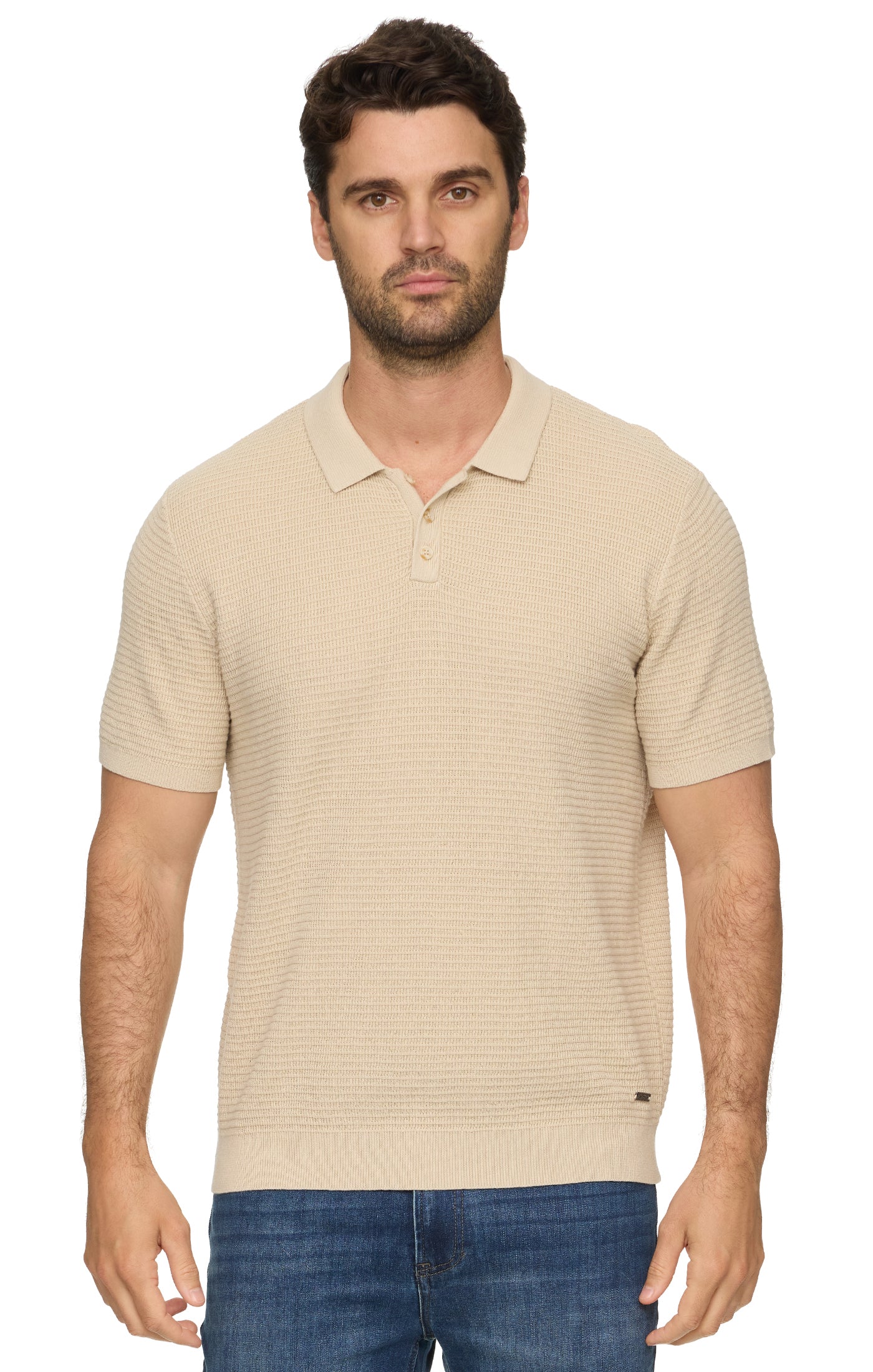 Man wearing a beige short-sleeve knit polo shirt on a white background