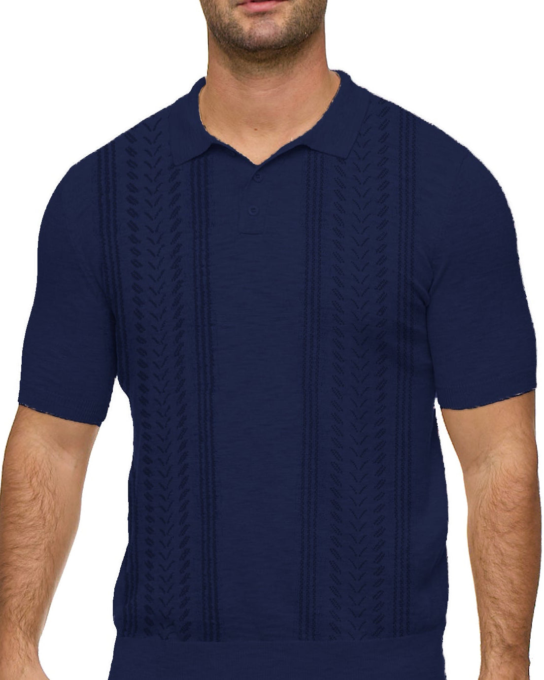 Man wearing a navy blue cable knit short-sleeve sweater on a white background