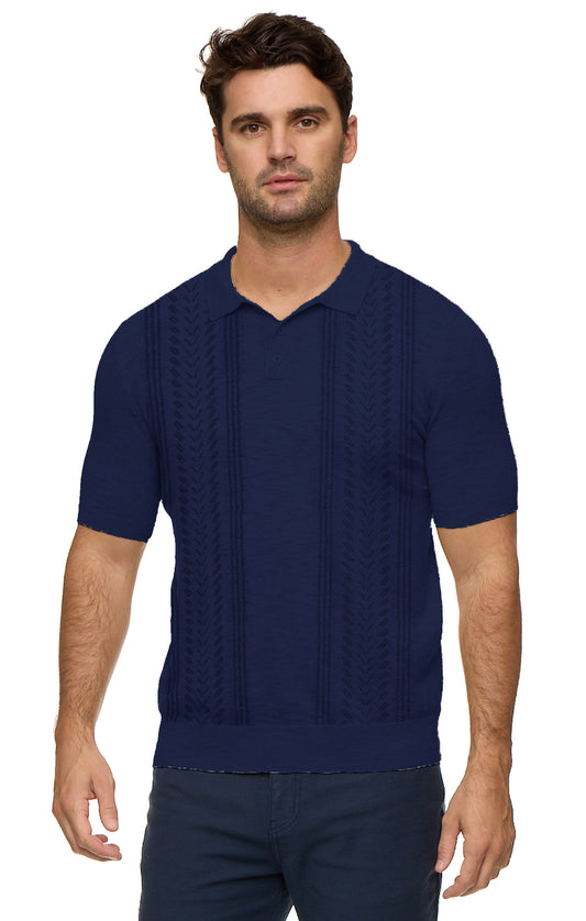 Man wearing a navy blue cable knit short-sleeve sweater on a white background