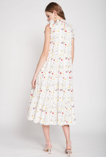 Embroidered Floral Tier Midi Dress - White