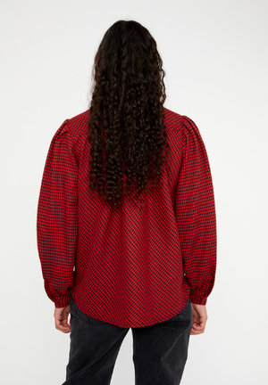 Puff Sleeve Blouse - Red Houndstooth