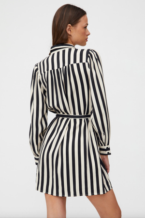 Striped Print Mini Shirt Dress - Black and White