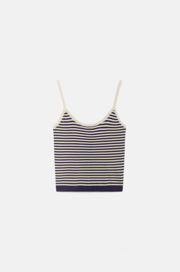 Strappy Top with Blue Stripe Print - Navy Blue/White